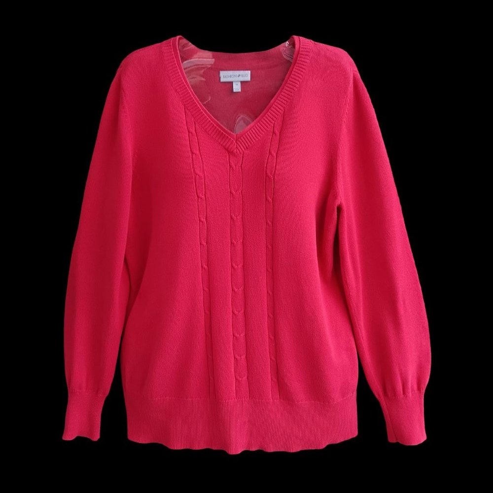 Fashion Bug Womens Size M Cable Knit Sweater Pullover V-neck Long Sleeves Red